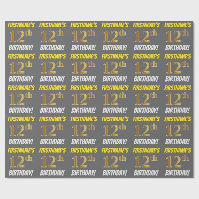 Papel De Regalo Gris, Faux/Imitation Gold, "12th BIRTHDAY" (Superficie plana)