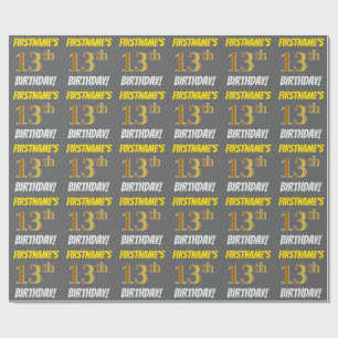 Papel De Regalo Gris, Faux/Imitation Gold, "13th BIRTHDAY"
