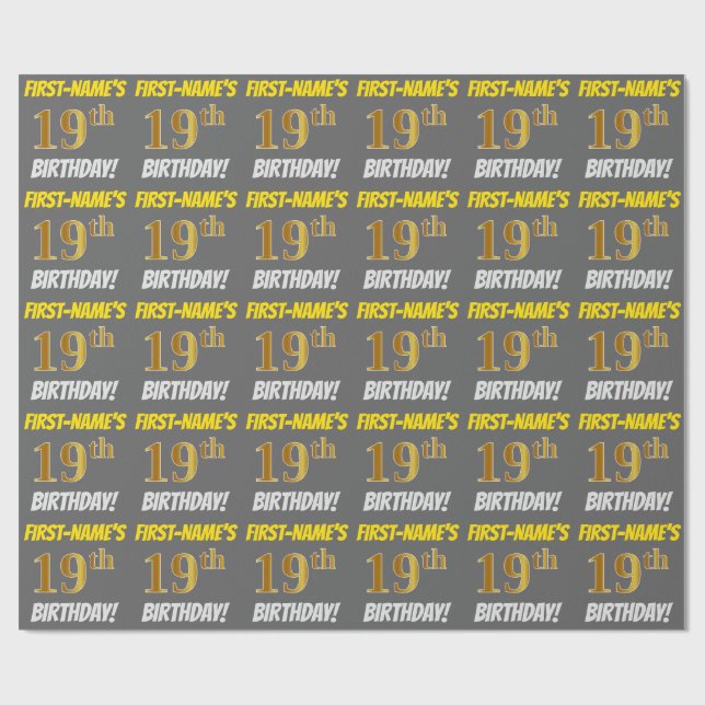 Papel De Regalo Gris, Faux/Imitation Gold, "19th BIRTHDAY" (Superficie plana)