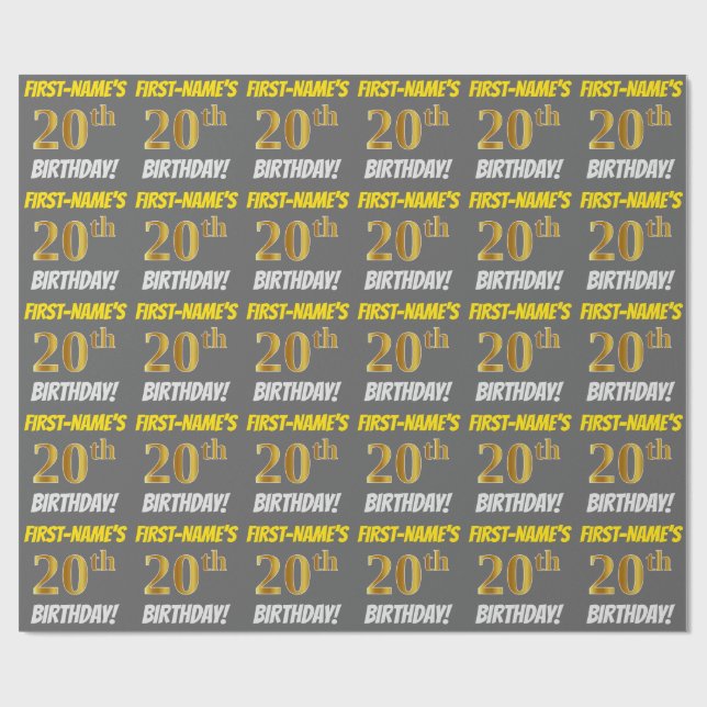 Papel De Regalo Gris, Faux/Imitation Gold, "20th BIRTHDAY" (Superficie plana)