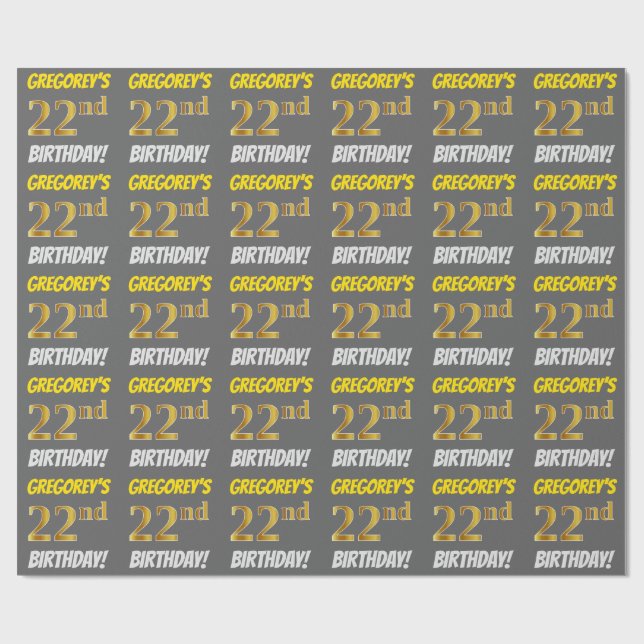 Papel De Regalo Gris, Faux/Imitation Gold, "22nd BIRTHDAY" (Superficie plana)