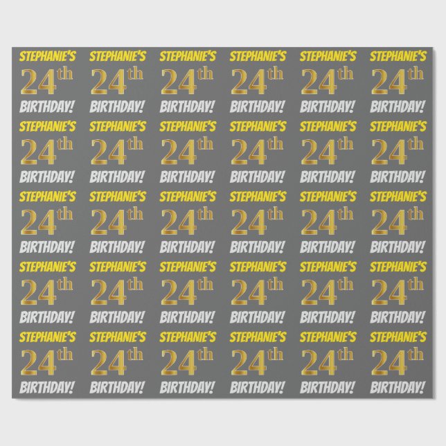 Papel De Regalo Gris, Faux/Imitation Gold, "24th BIRTHDAY" (Superficie plana)