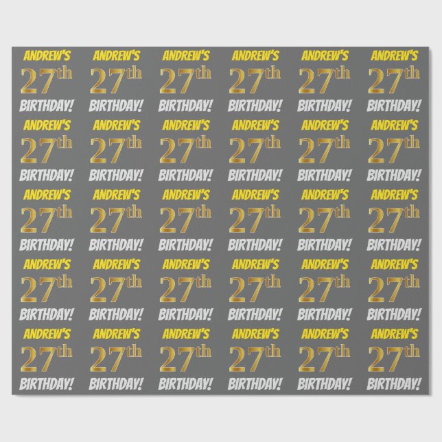 Papel De Regalo Gris, Faux/Imitation Gold, "27th BIRTHDAY" (Superficie plana)