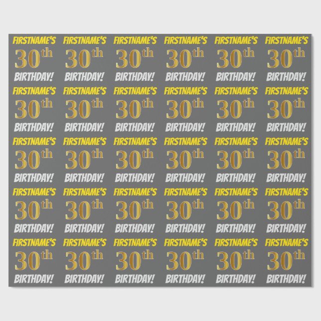 Papel De Regalo Gris, Faux/Imitation Gold, "30th BIRTHDAY" (Superficie plana)