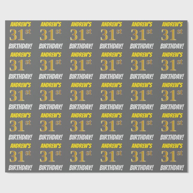 Papel De Regalo Gris, Faux/Imitation Gold, "31st BIRTHDAY" (Superficie plana)