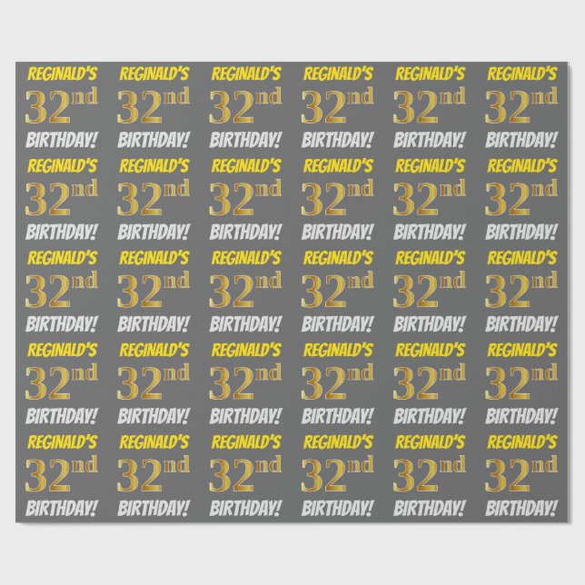 Papel De Regalo Gris, Faux/Imitation Gold, "32nd BIRTHDAY" (Superficie plana)