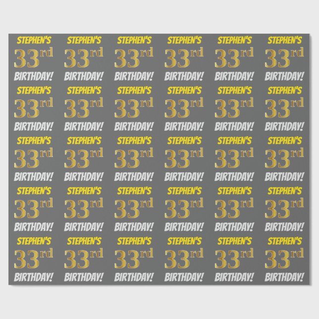 Papel De Regalo Gris, Faux/Imitation Gold, "33rd BIRTHDAY" (Superficie plana)