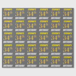 Papel De Regalo Gris, Faux/Imitation Gold, "34th BIRTHDAY"