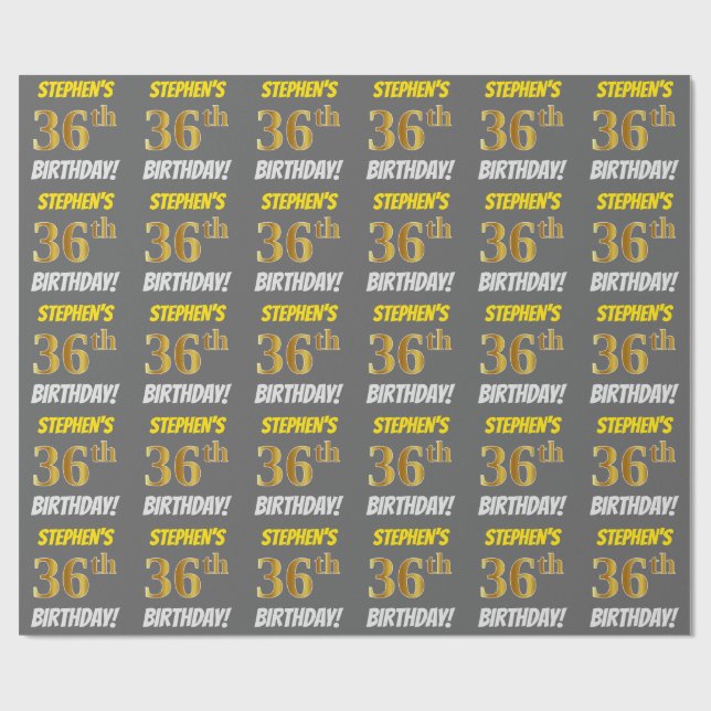 Papel De Regalo Gris, Faux/Imitation Gold, "36th BIRTHDAY" (Superficie plana)