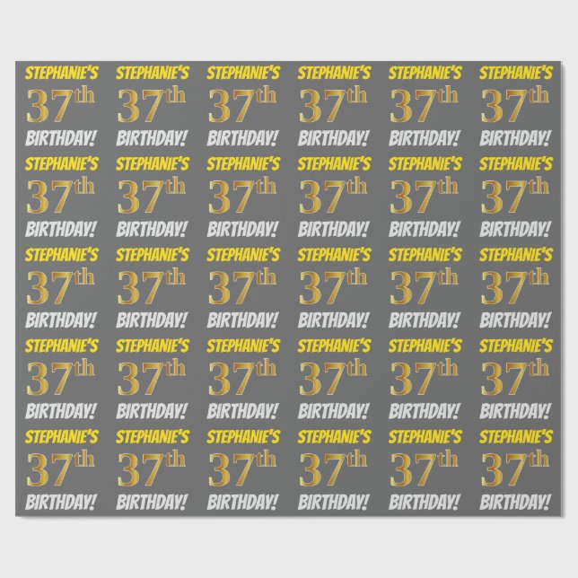 Papel De Regalo Gris, Faux/Imitation Gold, "37th BIRTHDAY" (Superficie plana)