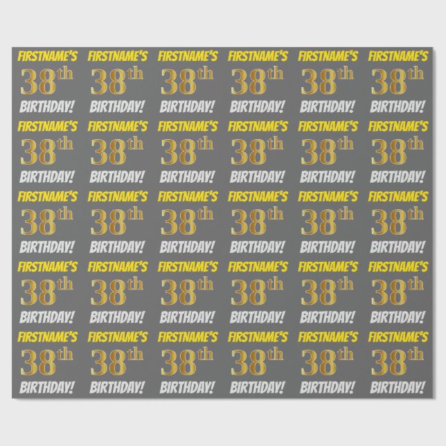 Papel De Regalo Gris, Faux/Imitation Gold, "38th BIRTHDAY" (Superficie plana)