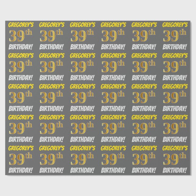 Papel De Regalo Gris, Faux/Imitation Gold, "39th BIRTHDAY" (Superficie plana)