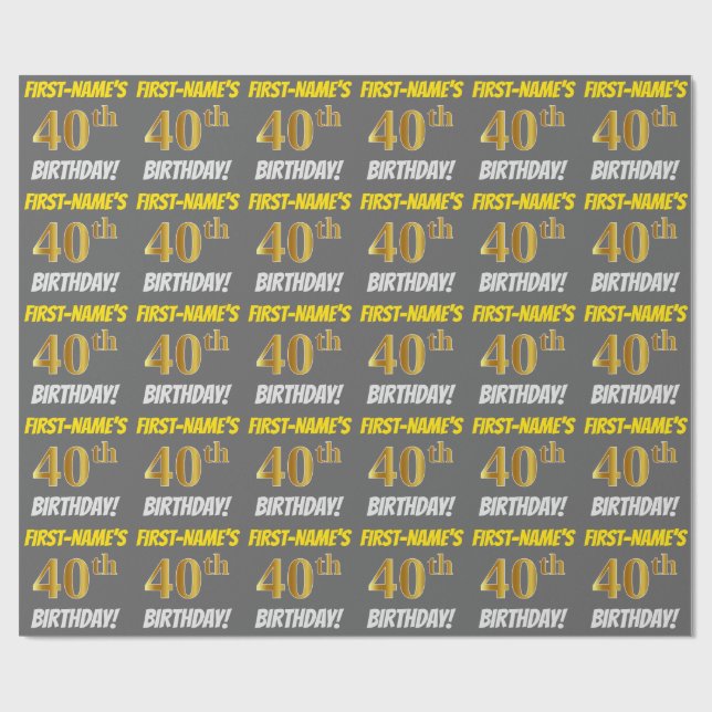 Papel De Regalo Gris, Faux/Imitation Gold, "40th BIRTHDAY" (Superficie plana)