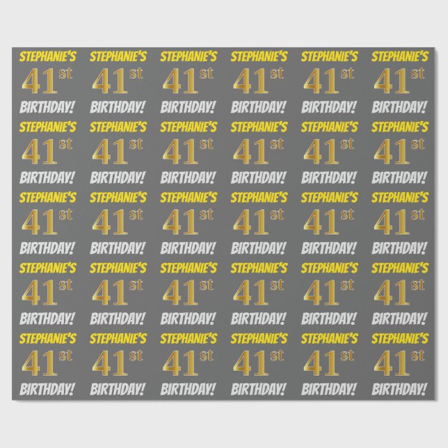 Papel De Regalo Gris, Faux/Imitation Gold, "41st BIRTHDAY" (Superficie plana)