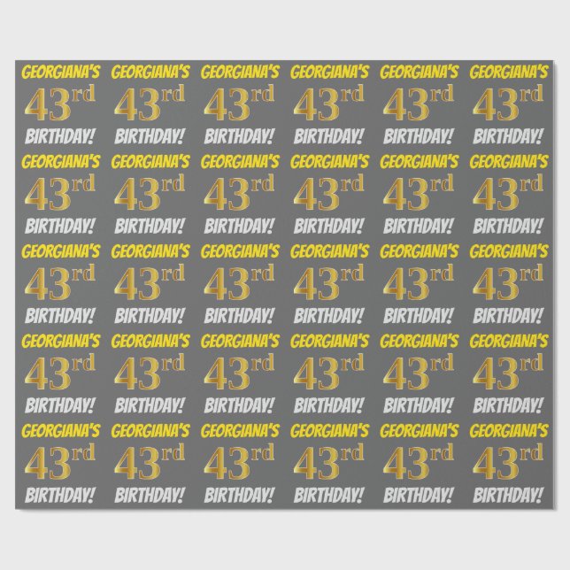 Papel De Regalo Gris, Faux/Imitation Gold, "43rd BIRTHDAY" (Superficie plana)