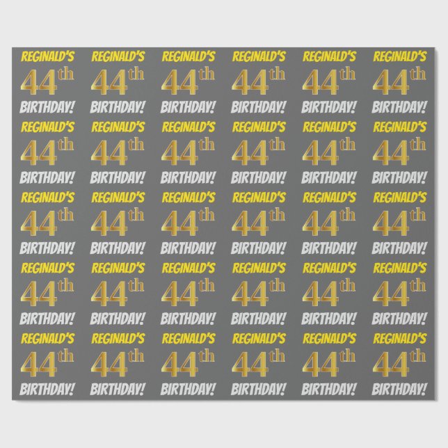 Papel De Regalo Gris, Faux/Imitation Gold, "44th BIRTHDAY" (Superficie plana)