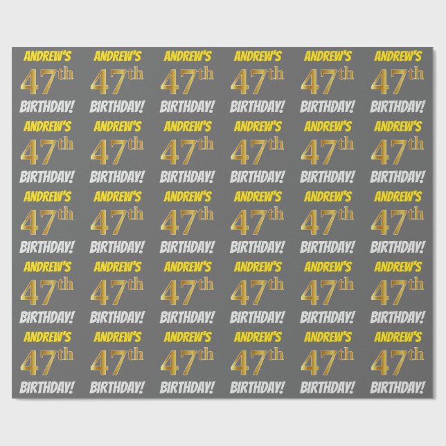 Papel De Regalo Gris, Faux/Imitation Gold, "47th BIRTHDAY" (Superficie plana)