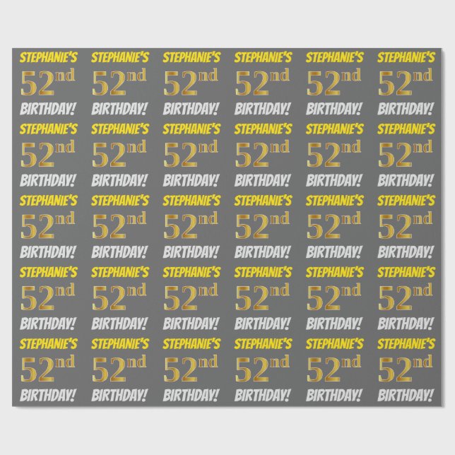 Papel De Regalo Gris, Faux/Imitation Gold, "52nd BIRTHDAY" (Superficie plana)