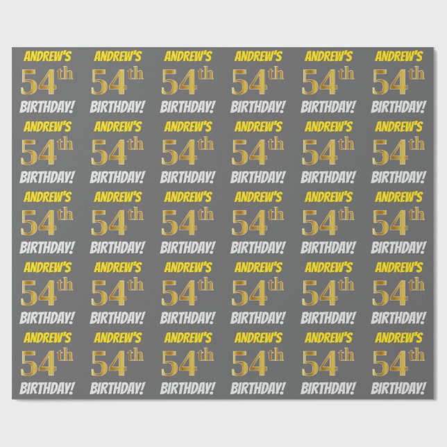 Papel De Regalo Gris, Faux/Imitation Gold, "54th BIRTHDAY" (Superficie plana)
