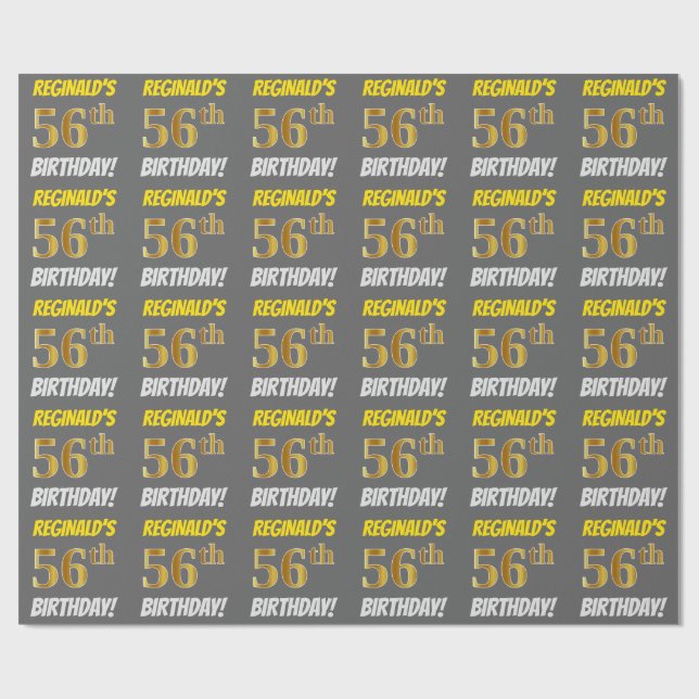 Papel De Regalo Gris, Faux/Imitation Gold, "56th BIRTHDAY" (Superficie plana)