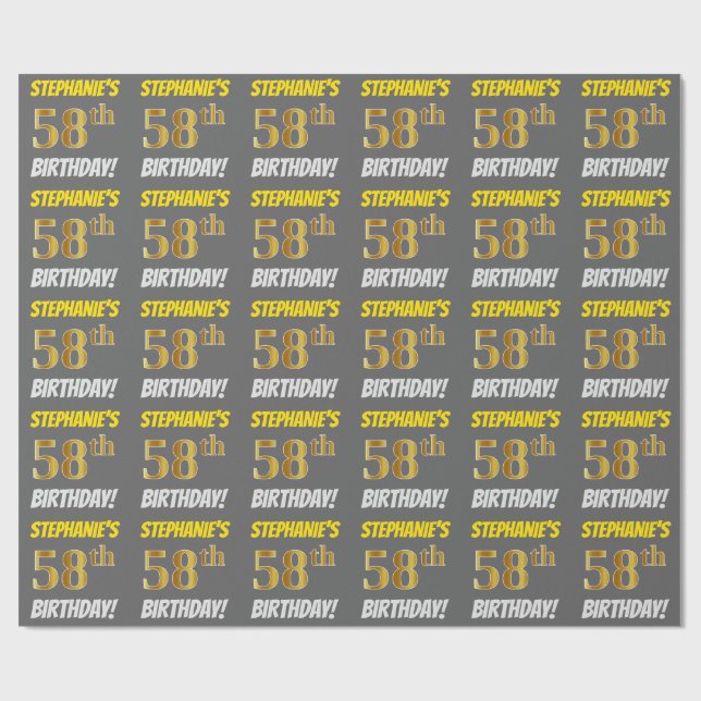 Papel De Regalo Gris, Faux/Imitation Gold, "58th BIRTHDAY" (Superficie plana)