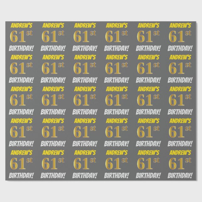 Papel De Regalo Gris, Faux/Imitation Gold, "61st BIRTHDAY" (Superficie plana)