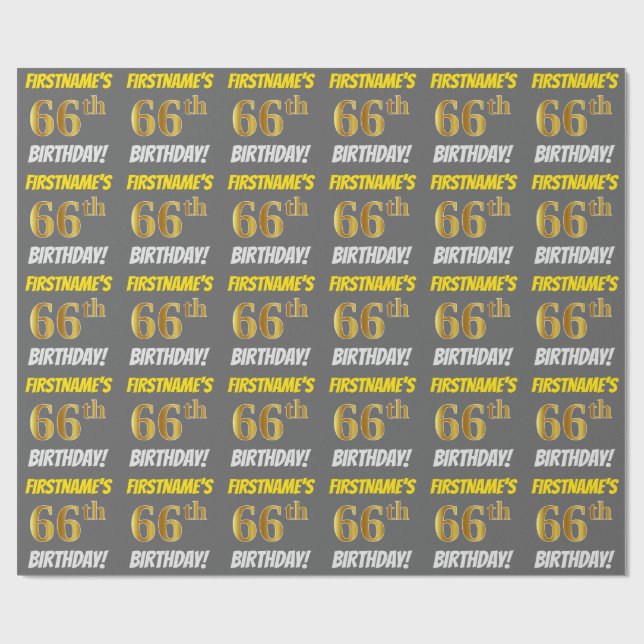 Papel De Regalo Gris, Faux/Imitation Gold, "66th BIRTHDAY" (Superficie plana)