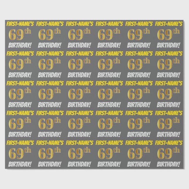Papel De Regalo Gris, Faux/Imitation Gold, "69th BIRTHDAY" (Superficie plana)