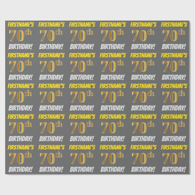 Papel De Regalo Gris, Faux/Imitation Gold, "70th BIRTHDAY" (Superficie plana)
