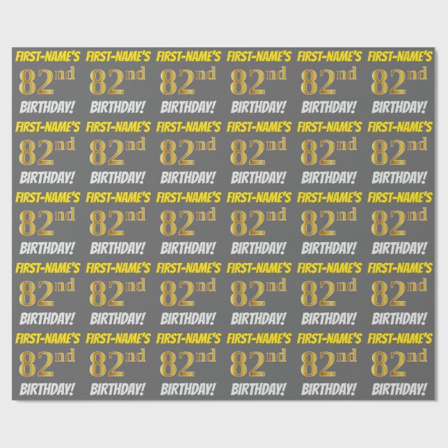 Papel De Regalo Gris, Faux/Imitation Gold, "82nd BIRTHDAY" (Superficie plana)