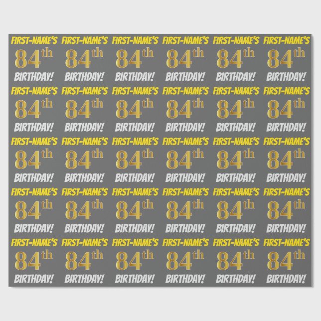 Papel De Regalo Gris, Faux/Imitation Gold, "84th BIRTHDAY" (Superficie plana)