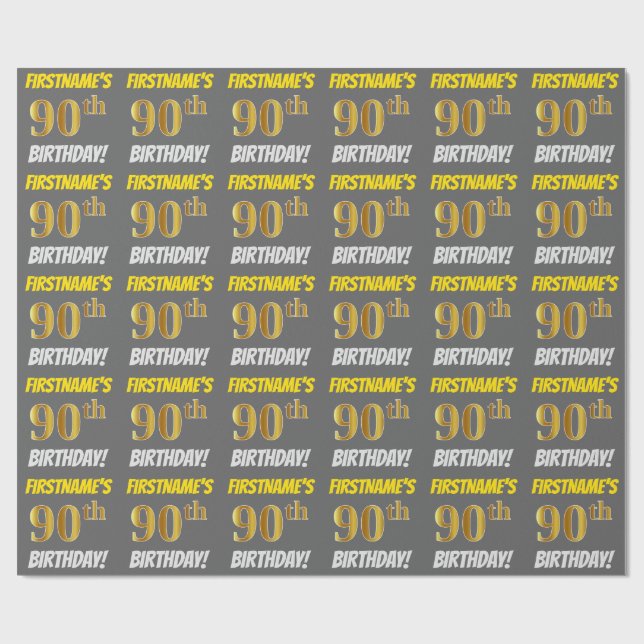 Papel De Regalo Gris, Faux/Imitation Gold, "90th BIRTHDAY" (Superficie plana)