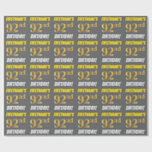 Papel De Regalo Gris, Faux/Imitation Gold, "92nd BIRTHDAY"