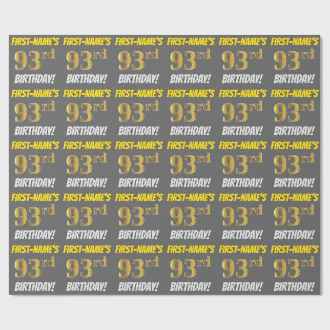 Papel De Regalo Gris, Faux/Imitation Gold, "93rd BIRTHDAY" (Superficie plana)