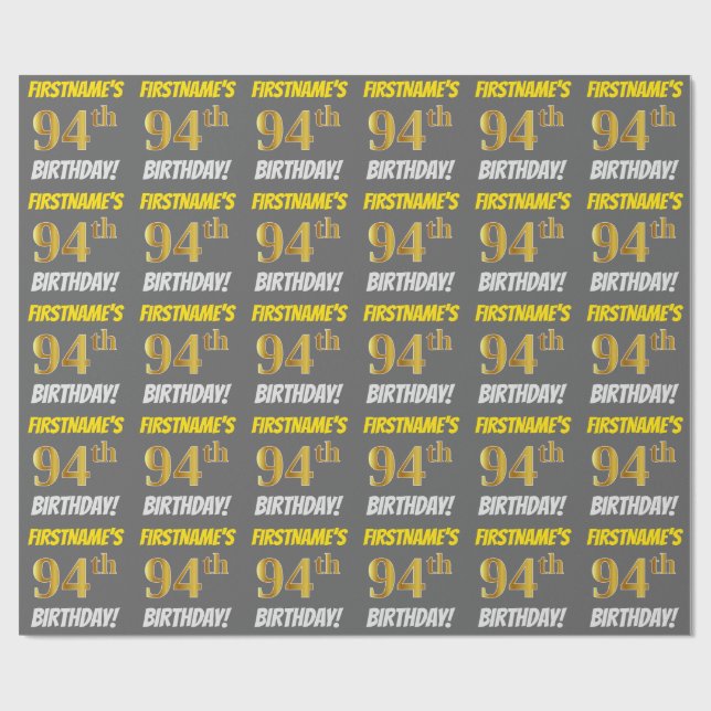 Papel De Regalo Gris, Faux/Imitation Gold, "94th BIRTHDAY" (Superficie plana)