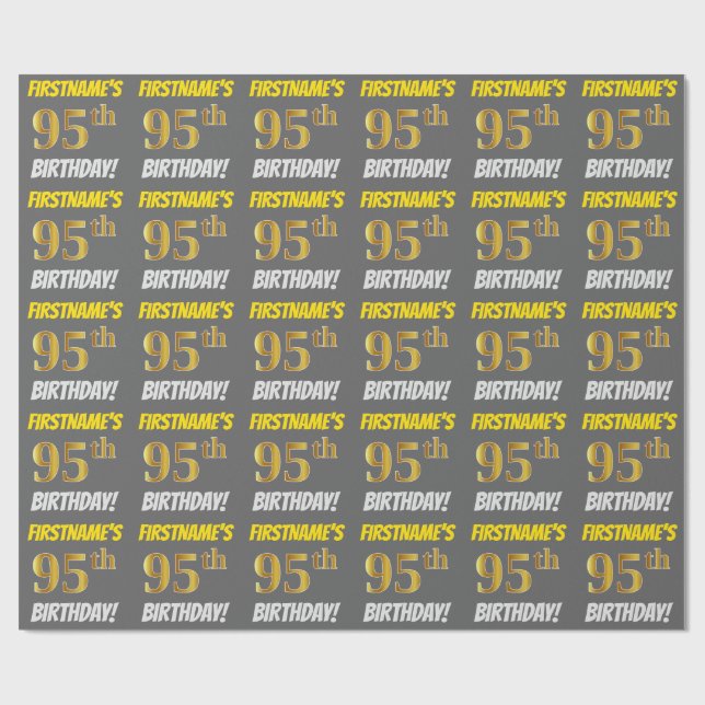 Papel De Regalo Gris, Faux/Imitation Gold, "95th BIRTHDAY" (Superficie plana)
