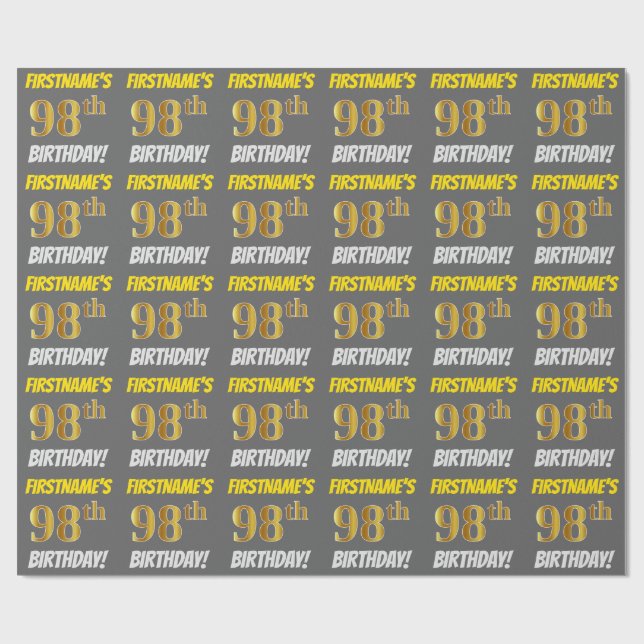 Papel De Regalo Gris, Faux/Imitation Gold, "98th BIRTHDAY" (Superficie plana)