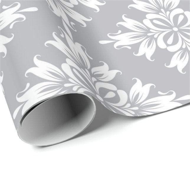 Papel De Regalo Gris Floral Damask Simétrico Royal Bodas Nupcial (Esquina del rollo)