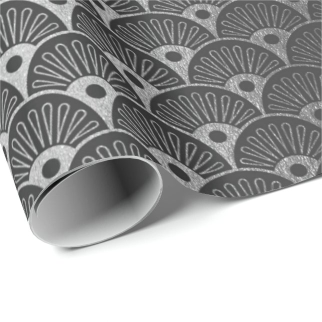 Papel De Regalo Gris Gris negro, conchas metálicas, Art Deco (Esquina del rollo)