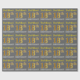 Papel De Regalo Gris, Imitación Oro Aspecto "18 cumpleaños"
