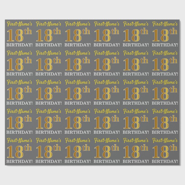 Papel De Regalo Gris, Imitación Oro Aspecto "18 cumpleaños" (Superficie plana)