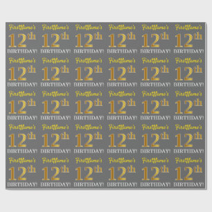 Papel De Regalo Gris, Imitation Gold Look "12th BIRTHDAY"