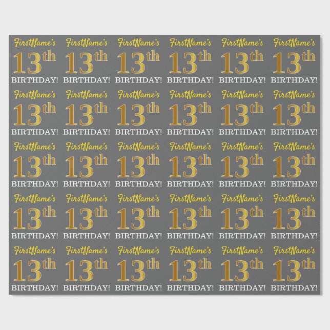 Papel De Regalo Gris, Imitation Gold Look "13th BIRTHDAY" (Superficie plana)