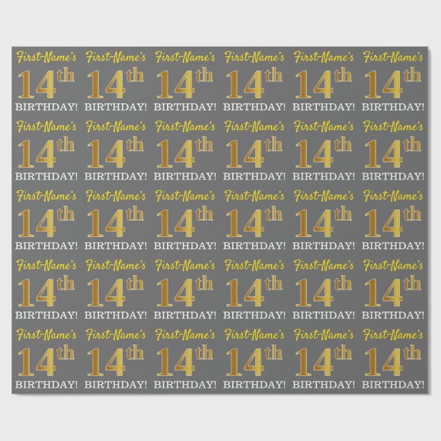 Papel De Regalo Gris, Imitation Gold Look "14th BIRTHDAY" (Superficie plana)
