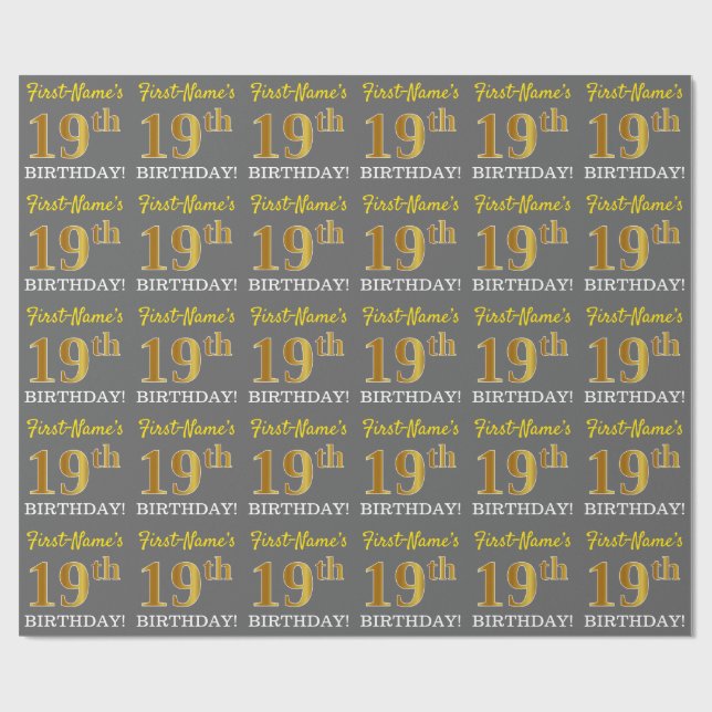 Papel De Regalo Gris, Imitation Gold Look "19th BIRTHDAY" (Superficie plana)