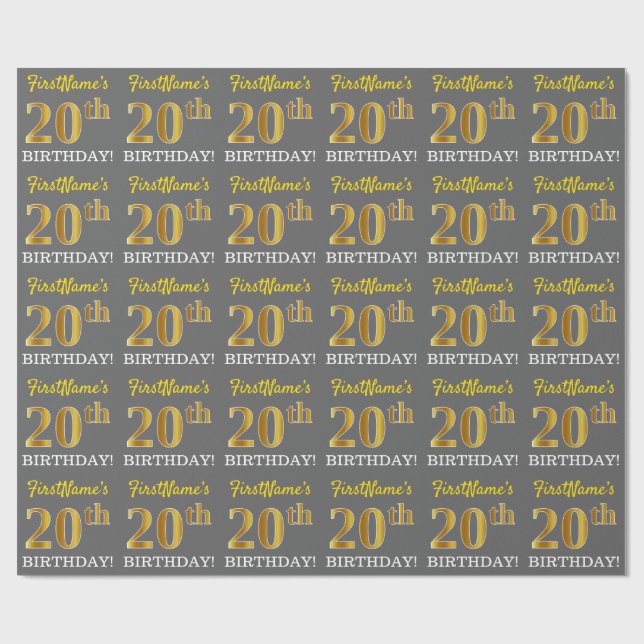 Papel De Regalo Gris, Imitation Gold Look "20th BIRTHDAY" (Superficie plana)