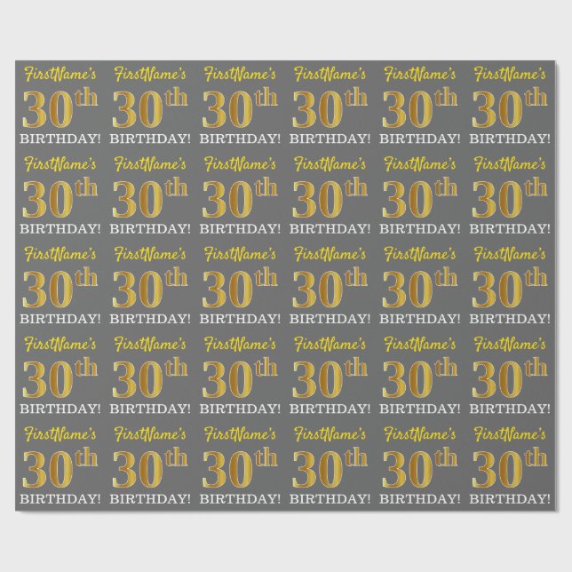 Papel De Regalo Gris, Imitation Gold Look "30th BIRTHDAY" (Superficie plana)