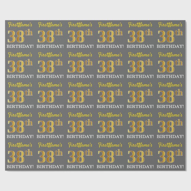 Papel De Regalo Gris, Imitation Gold Look "38th BIRTHDAY" (Superficie plana)
