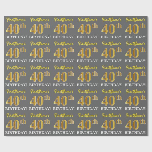 Papel De Regalo Gris, Imitation Gold Look "40th BIRTHDAY" (Superficie plana)