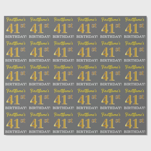 Papel De Regalo Gris, Imitation Gold Look "41st BIRTHDAY" (Superficie plana)